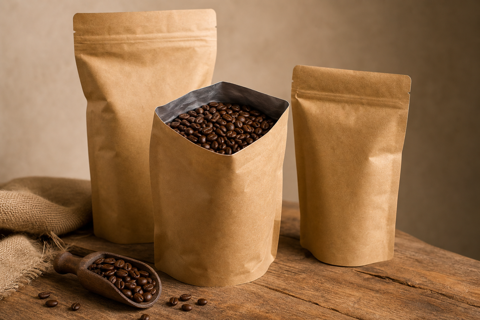 Bags of freshly roasted specialty coffee beans