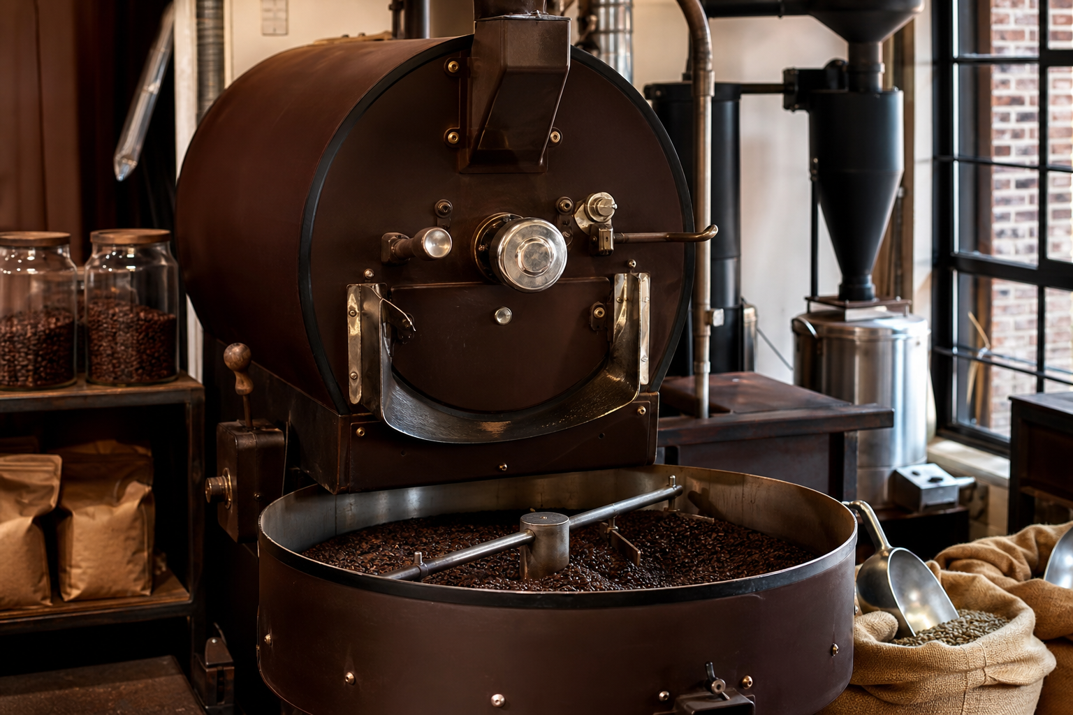 Coffee roasting drum and cooling tray at Dobó Roast Debrecen